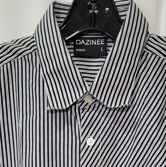 Dazinee Men's Black Striped Short Sleeve Button Down Shirt Size Large - Picture 2 of 6